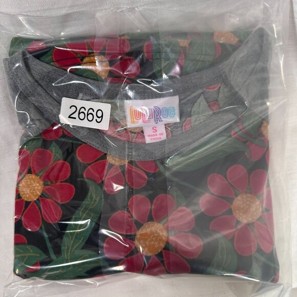 LuLaRoe RANDY Daisy Poppy Flowers Black Gray Hippie Raglan Tee Shirt SMALL S - Picture 6 of 6